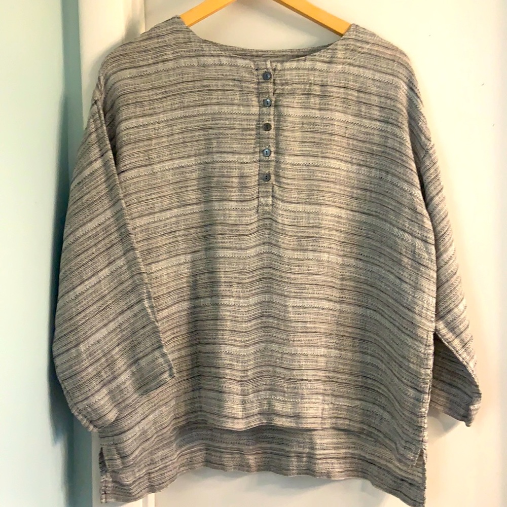 J. Jill Gray and Black Small Stripes Linen Tunic Top Petite Extra Small